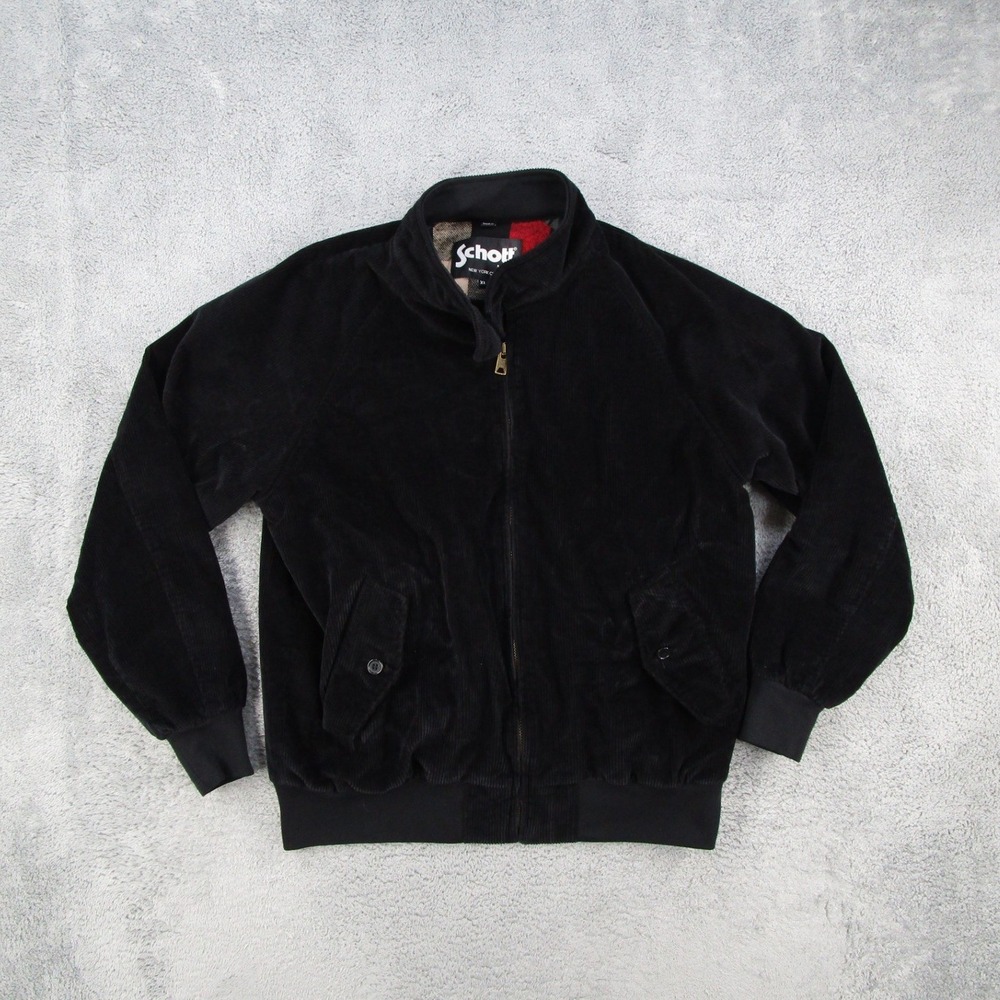 Schott NYC Mens XL Black Corduroy Bomber Jacket Plaid Lined Full Zip
